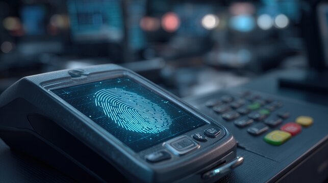 Closeup payment terminal displaying fingerprint scan, illuminated screen and numeric keypad, card reader poised for tap, blurred retail counter and neon highlights, lowlight cinematic mood, merchant