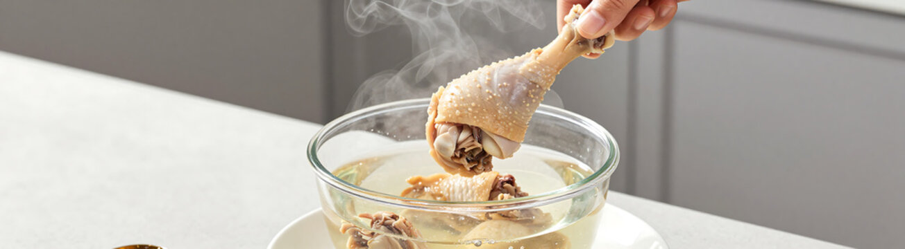 shot person lifting steaming hot boiled chicken drumsticks transparent broth placing onto waiting plate