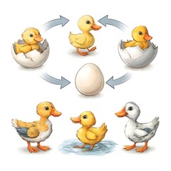 Fototapeta premium Cute Duckling Life Cycle Illustration Showing Egg Hatching To Duck And Mother Duck In Sequence
