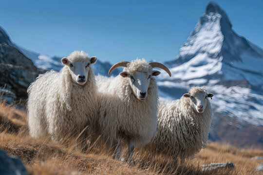 Valais Blacknose sheep in the Swiss Alps landscape