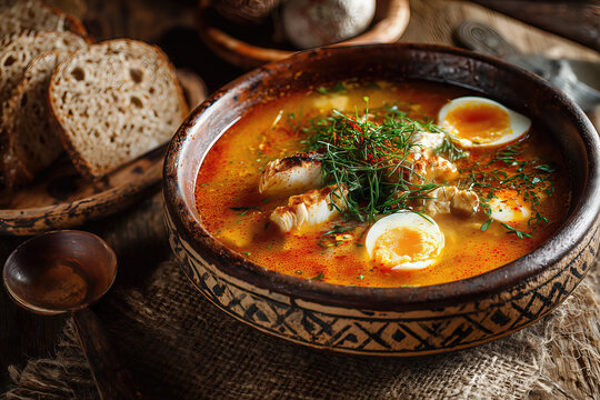 Traditional Hungarian Egg Soup Tojasleves in Rustic Bowl