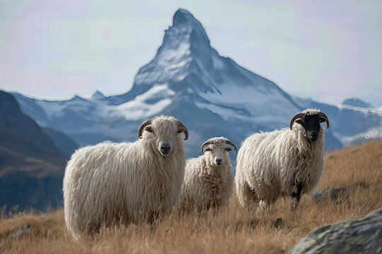 Valais Blacknose sheep in the Swiss Alps landscape