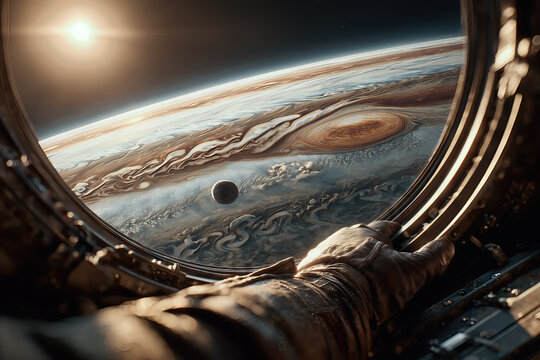 POV Perspective of Planet Saturn from Futuristic Cockpit Bridge