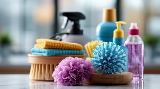 Macro close up of softly defocused cleaning equipment including extractor brushes and detergents arranged neatly against a bright clean pastel backdrop dry washing service
