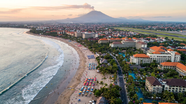 Aerial view of Kuta Beach in Bali, Indonesia, with Mount Agung volcano erupting in the background at sunset.
