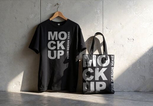 Black T-Shirt and Tote Bag Mockup Set against Concrete Wall with Sunlight