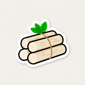 Cartoon bundle of firewood with green leaves on light background