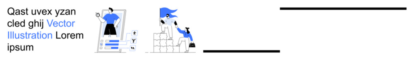 Business strategy, teamwork, leadership, growth, success, presentation. Person reviewing documents and a team climbing blocks. Business strategy and teamwork concept © robu_s
