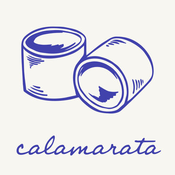 Blue line calamarata pasta illustration with ring shaped noodles and handwritten label, isolated on white, ideal for Italian menus, food packaging, recipe cards, restaurant and culinary projects.