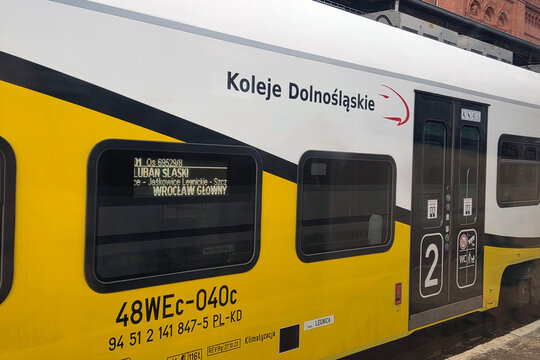 Luban, Poland, May 4, 2026: Modern Polish Train with Destination Display from Luban to Wroclaw