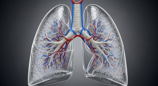 Transparent anatomical representation displays internal structure of human respiratory organs with air sacs