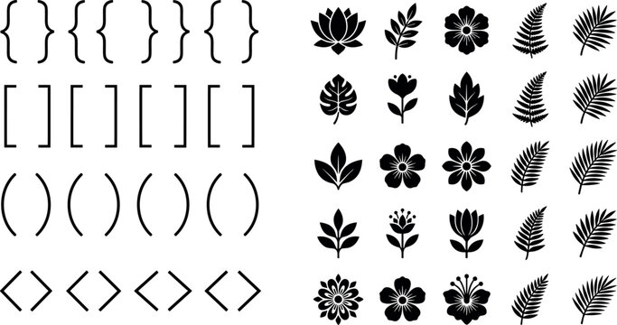 Minimalist Icon Set of Punctuation Symbols and Floral Elements for Decorative and Nature Concepts