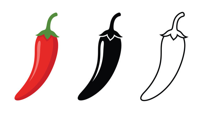 Red chili pepper black silhouette and line drawing on a white background silhouette