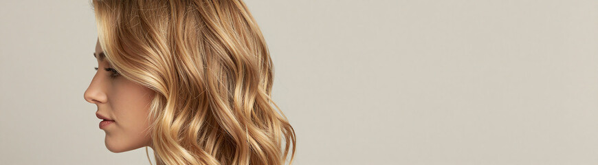 Fototapeta premium view woman wavy blonde hair showcasing shiny locks soft natural light set neutral