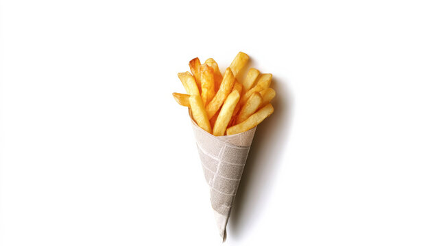 Crispy golden french fries in paper cone isolated on white background