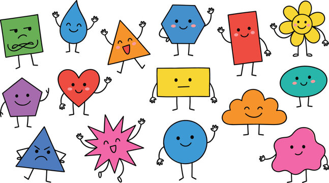 Cute Geometric Shape Characters Collection with Smiling Faces and Funny Cartoon Expressions for Educational Kids Vector Illustration Set