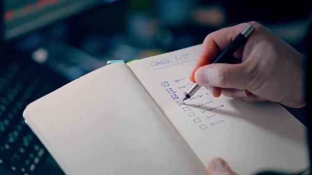 Close up of hand writing check list in notebook, person marking tasks in paper planner, productivity and time management concept