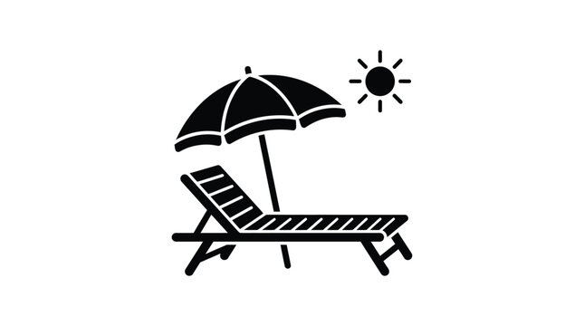Beach chair and umbrella silhouette with sun icon on white background silhouette