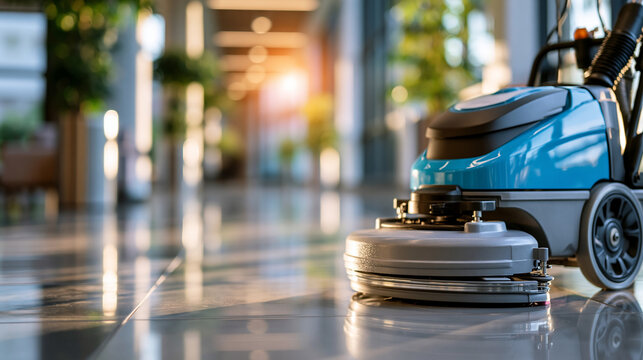 Cinematic wide view of a bright softly defocused floor care machine resting on a clean modern floor with soft daylight streaming through windows floor care washing machine