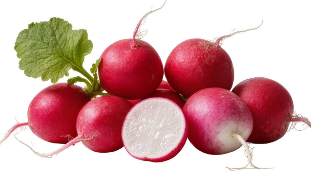 Fresh Red Radishes with Green Leaves and Rootlets, One Cut in Half