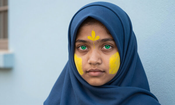 young muslim girl piercing green eyes framed worn blue hijab vibrant yellow facial scarification set soft
