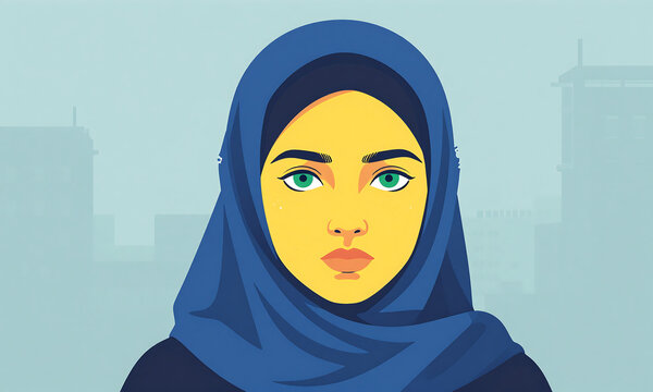 young muslim girl piercing green eyes framed worn blue hijab vibrant yellow facial scarification set soft
