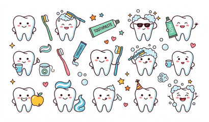 Cute cartoon teeth vector set funny dental doodles with toothbrush and toothpaste © MdMintu