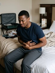 Fototapeta premium Black man traveler clutching stomach in pain while sitting on hotel bed. Food poisoning and travel health issues vertical banner