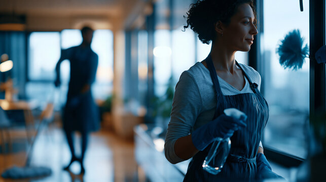 Cinematic wide view of two silhouetted figures cleaning a bright softly defocused modern home interior one mopping a wooden floor and one dusting a window with a soft duster