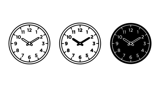 Minimalist Clock Icons, Timepiece Symbols, Analog Watch Faces, Black and White Vector Set