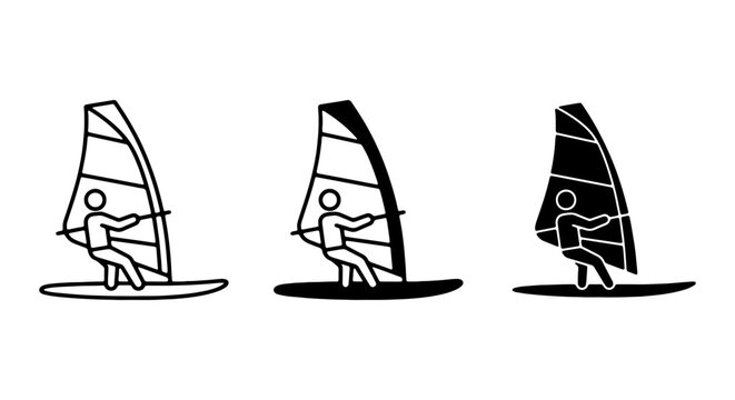 Windsurfing icon set, three distinct black and white windsurfer vector illustrations