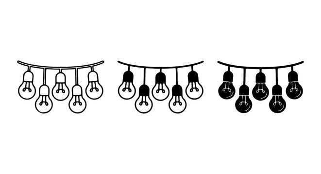 String lights vector icon set, festive party illumination, decorative light bulbs for celebration