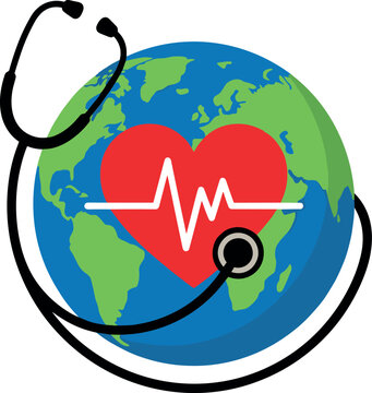 Vector Illustration of Earth with Stethoscope and Heartbeat Line for World Health Day, Promoting Global Health Awareness