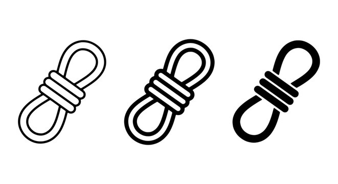 Rope knot icon set, black and white line art, solid fill, and outline vector graphics