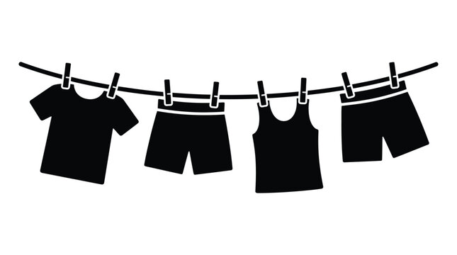 Clothes hanging on a line with clothespins black silhouette high quality professional detailed