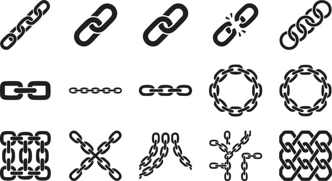 Collection of chain links and interconnected chains in various arrangements and styles representing connection strength and unity.