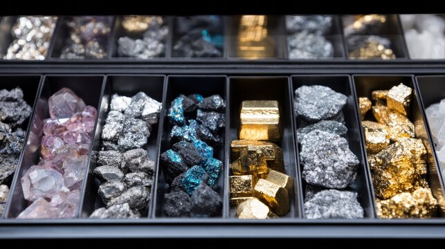Various raw gemstones and minerals are organized into small compartments within a storage tray.
