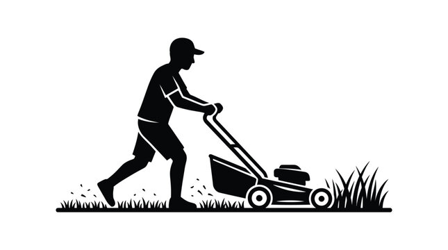 Man mowing lawn with a push mower black and white silhouette high quality