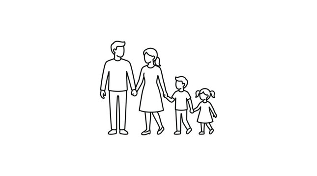 Family of four holding hands linear style black and white silhouette high quality