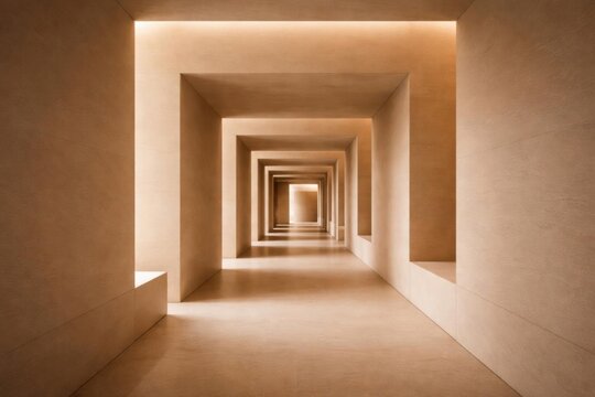 Interior minimalista y abstracto del edificio, con pasillos geom&eacute;tricos en capas y una profundidad espacial infinita, y texturas suaves de arenisca