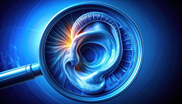 Detailed scientific magnification of human inner ear structures including cochlea and semicircular canals, artistic visualization of complex biological hearing and balance systems in widescreen format