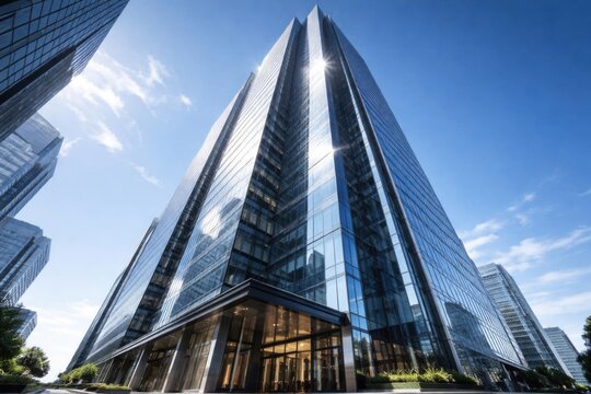 Moderna torre de cristal con fachada espejada que refleja el cielo despejado, l&iacute;neas arquitect&oacute;nicas definidas y materiales pulidos