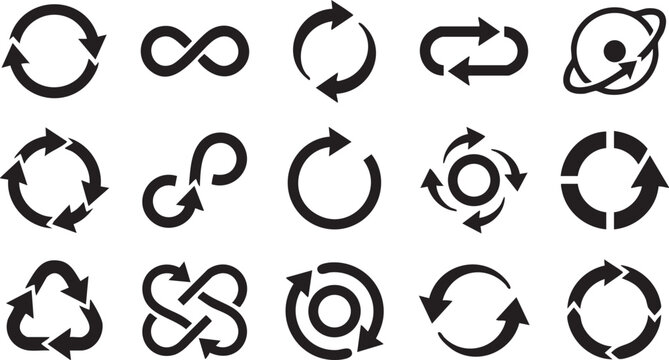 Set of circular arrow and infinity loop icons for process and recycling.