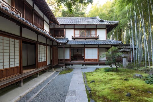 Traditional Japanese zen house, wooden architecture, peaceful garden, soft natural light, bamboo, stone pathway, calm atmosphere, minimalist design, realistic photography style, highly detailed, seren