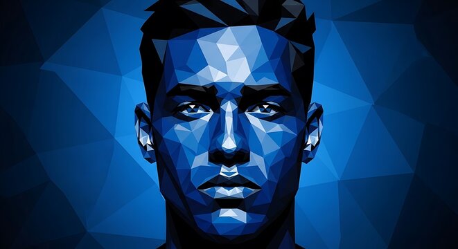 Striking portrait of a male face rendered with dramatic blue polygonal abstraction