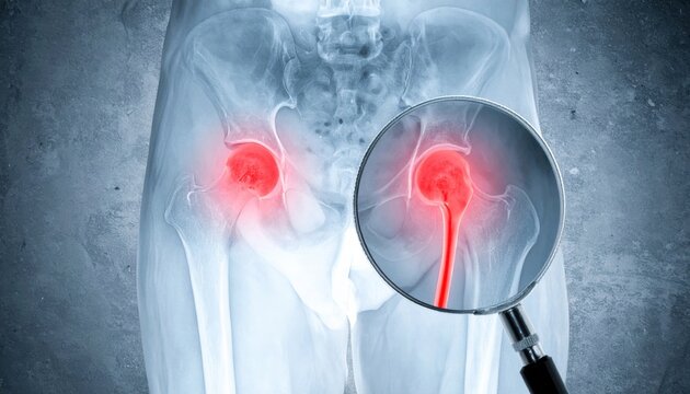 Detailed X ray examination of human pelvic bone and hip joint alignment, showcasing anatomical structure with magnifying glass focus for medical diagnostic analysis and skeletal health evaluation.