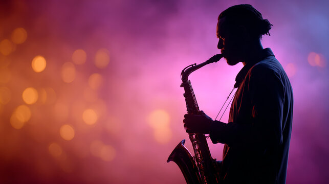 Silhouette saxophone player performing on colorful foggy concert stage