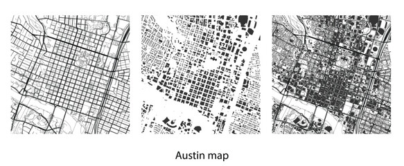 Austin city map vector set with urban building footprints, street roads, and geographic grid layout. © Jabeda