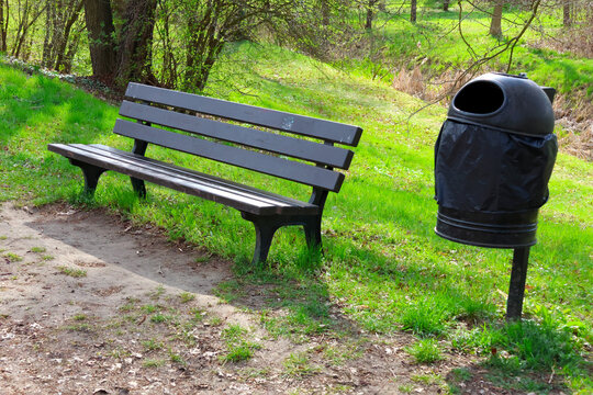 Tranquil Park Scene with Wooden Bench and Trash Can in Lush Greenery