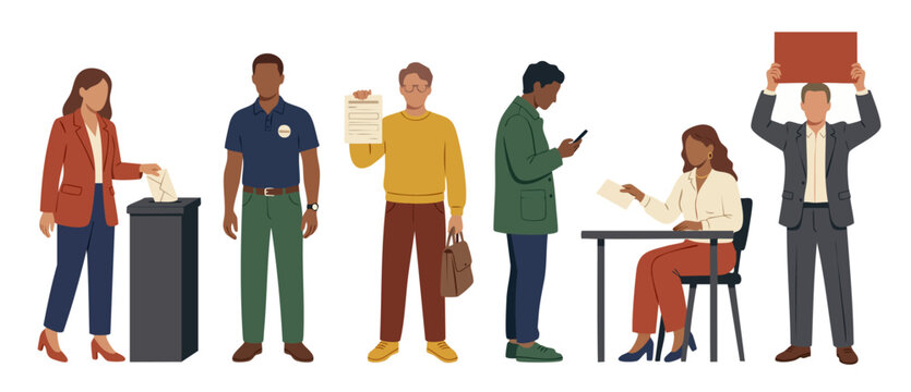 People Voting and Election Participation Set, Diverse Characters Casting Ballots at Polling Station, Group of Citizens Engaging in Democracy and Political Activism Flat Vector Illustration Isolated on